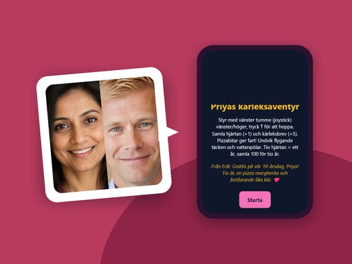 Fotot på Priya och Erik och samma par i sitt årsdagsspel