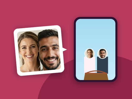 Fotot på Sara och Daniel och samma brudpar i sitt bröllopsspel