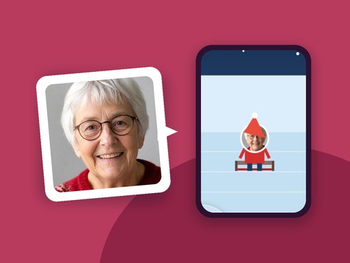 Fotot på mormor Birgitta och samma Birgitta på kälke i sitt julspel